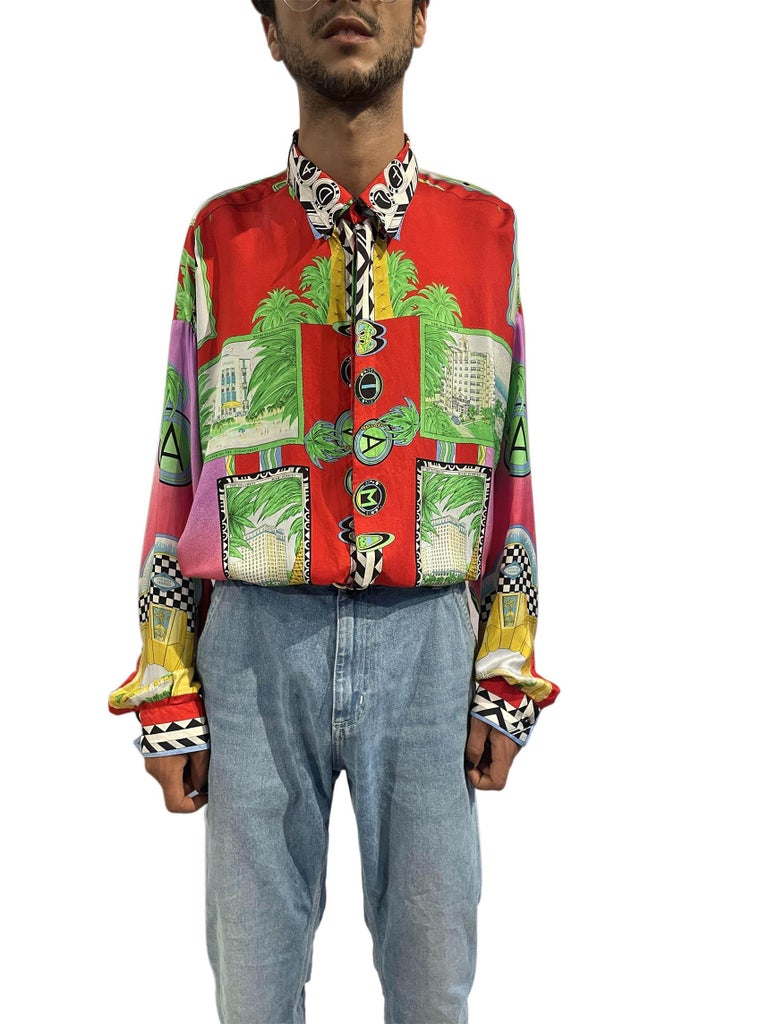 Brown 1990S Gianni Versace Multicolor Miami Print Silk Rare Shirt For Sale