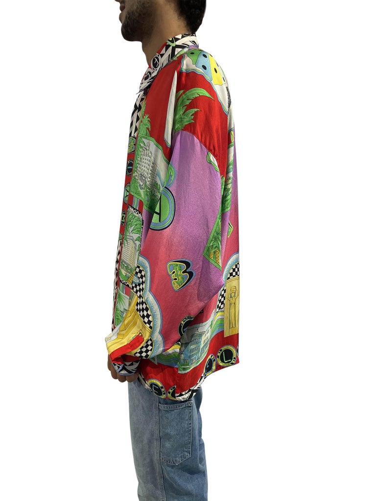 1990S Gianni Versace Multicolor Miami Print Silk Rare Shirt In Excellent Condition For Sale In New York, NY