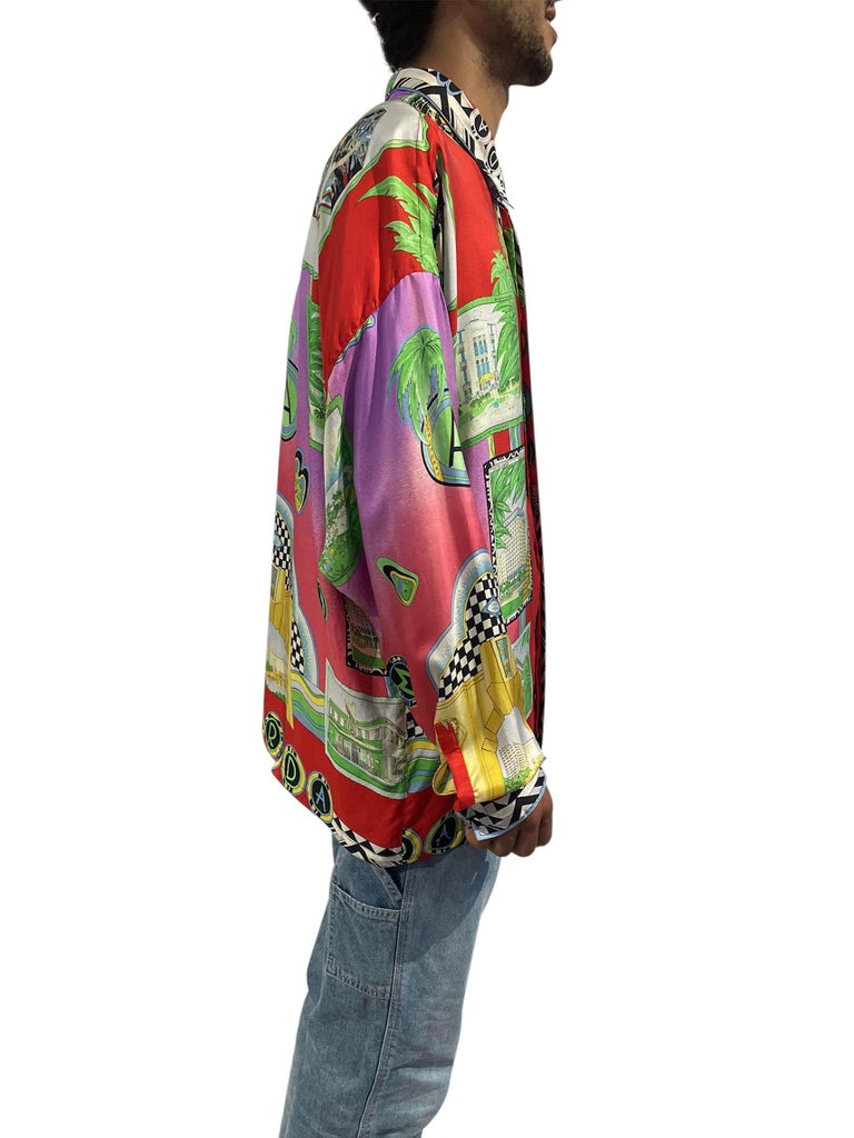 Women's 1990S Gianni Versace Multicolor Miami Print Silk Rare Shirt For Sale