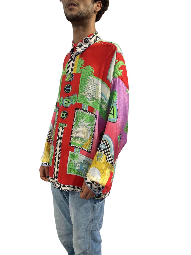 1990S Gianni Versace Multicolor Miami Print Silk Rare Shirt For Sale 1