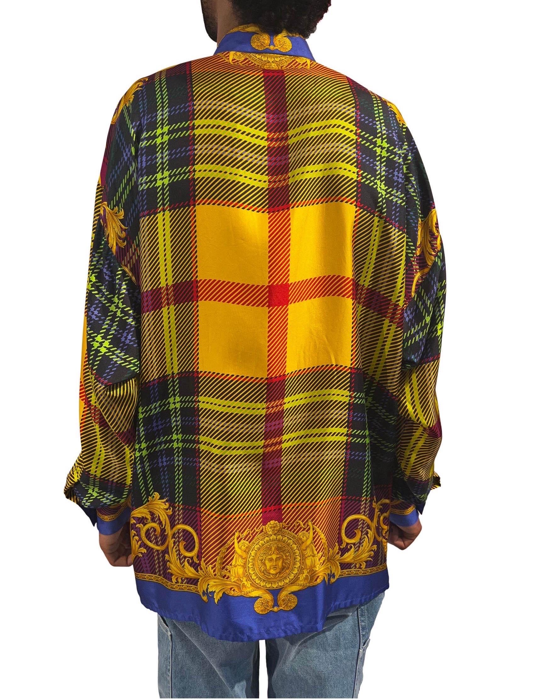 1990S Gianni Versace Multicolor Plaid Silk Shirt Medusa Heads In Excellent Condition For Sale In New York, NY