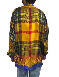 1990S GIANNI VERSACE Multicolor Plaid Silk Shirt Medusa Heads