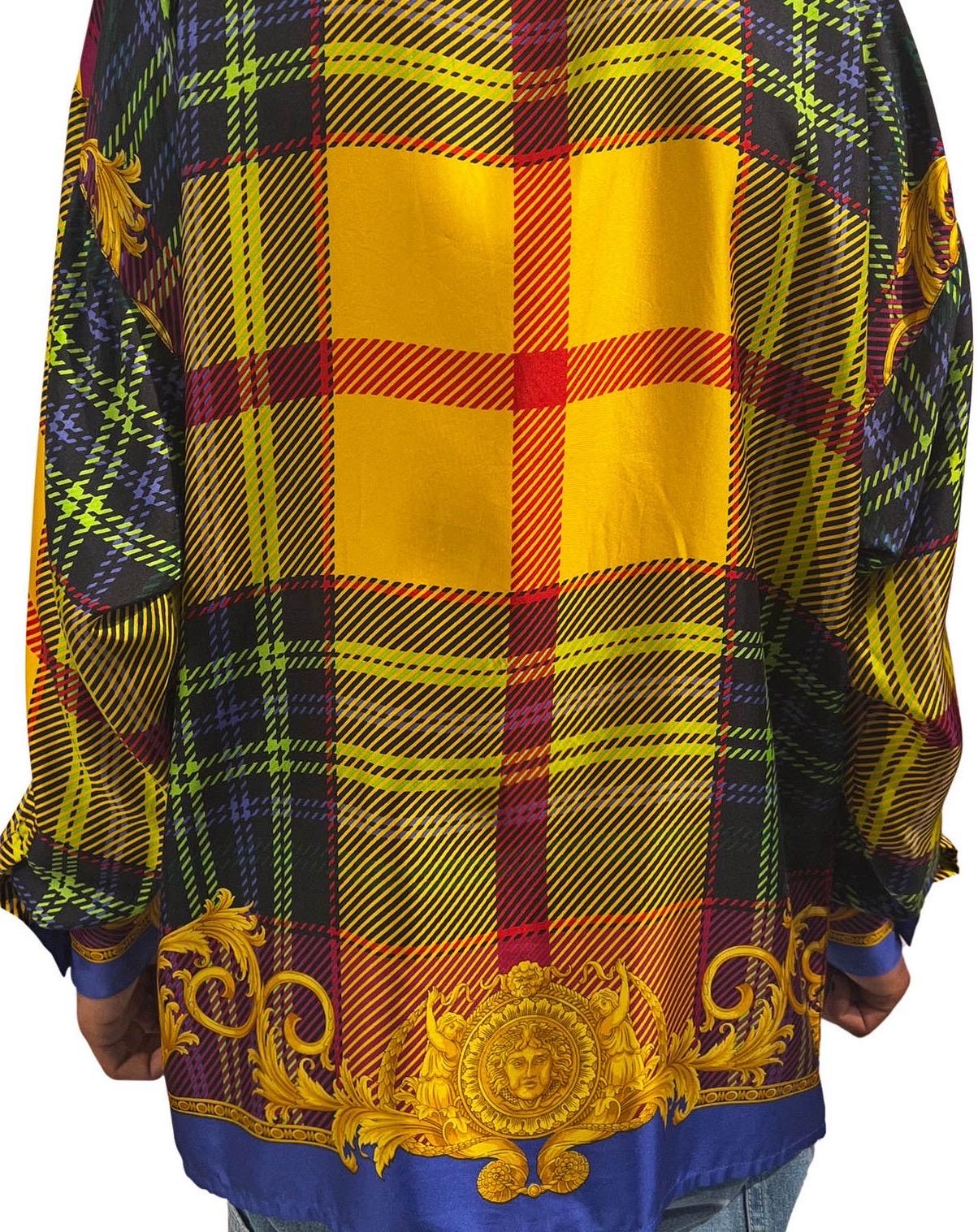 1990S Gianni Versace Multicolor Plaid Silk Shirt Medusa Heads For Sale 1