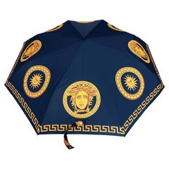 1990s Gianni Versace Navy Blue Gold Medusa Compact Umbrella 