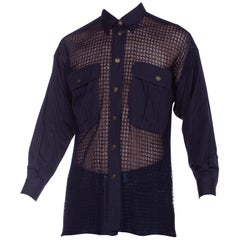 1990S GIANNI VERSACE Navy Cotton Blend & Sheer Net Men's Shirt Sz 44