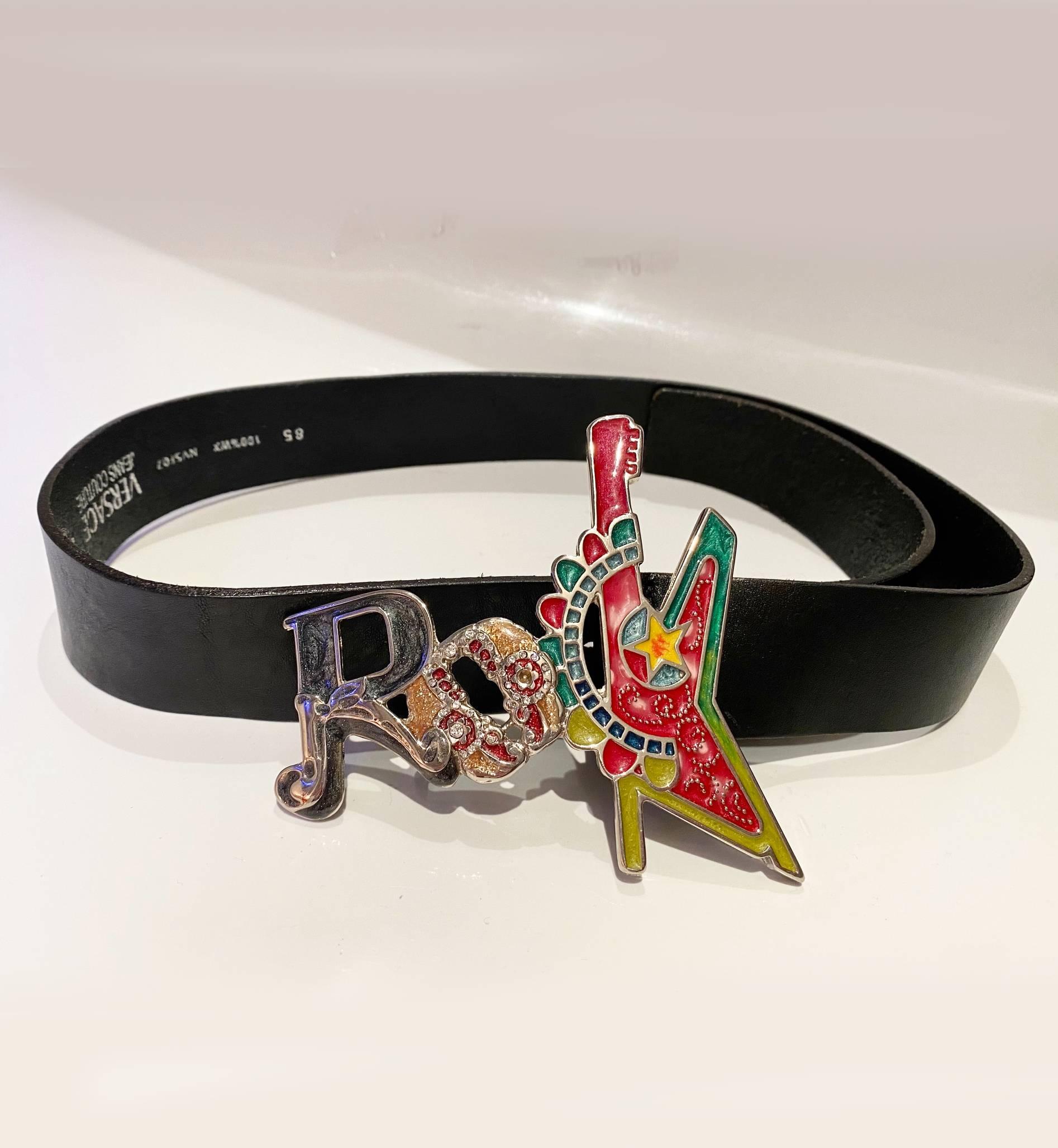 Black 1990s Gianni Versace Novelty Crystals Multicolor Lacquered Metal Buckle Belt  