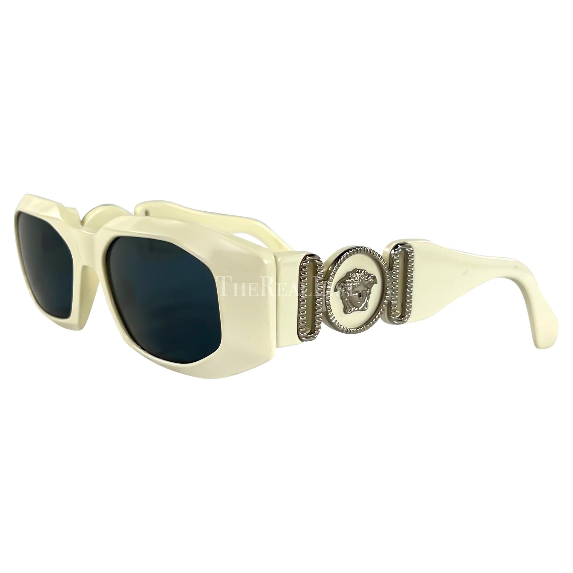 1990 Gianni Versace Off-White Silver 'Biggie' Medusa Oversized Sunglasses