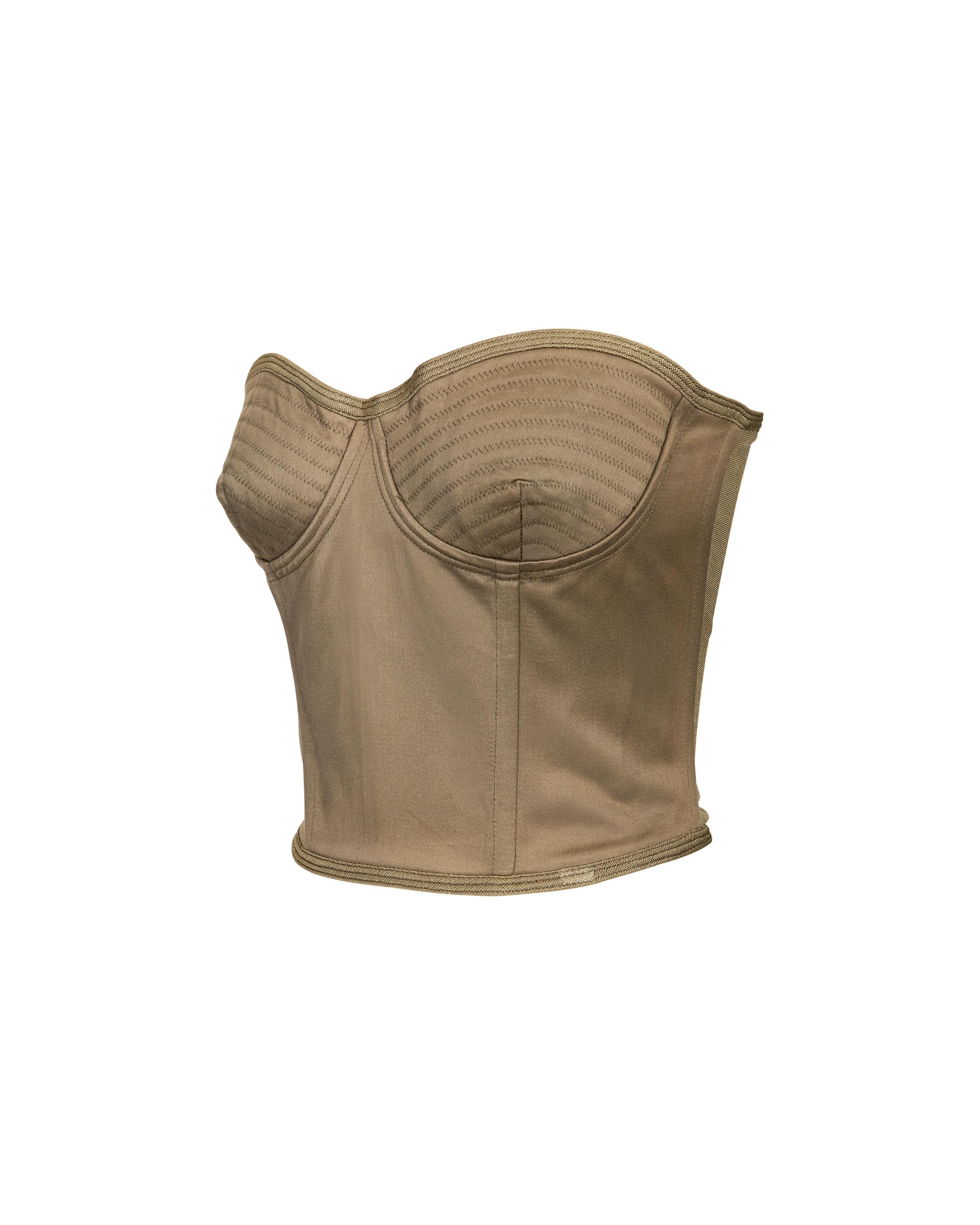 1990's Gianni Versace olive green strapless corset. Silk corset with elastic back paneling and built-in boning. Bra cups are boned for additional structure, with curved stitching throughout. Concealed center back zip closure. In very good vintage