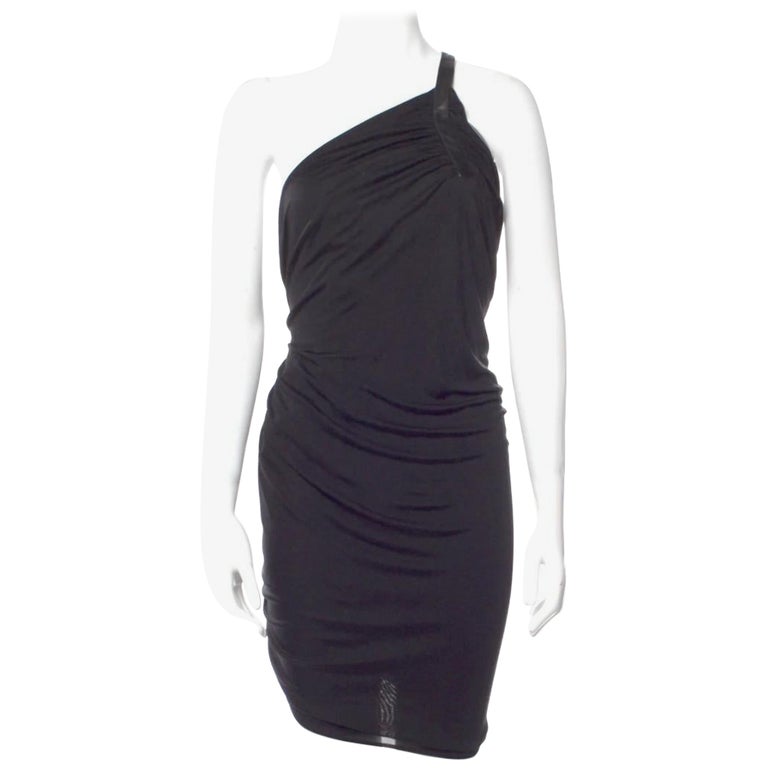 1990s Gianni Versace one shoulder black dress leather trim - never used For  Sale at 1stDibs