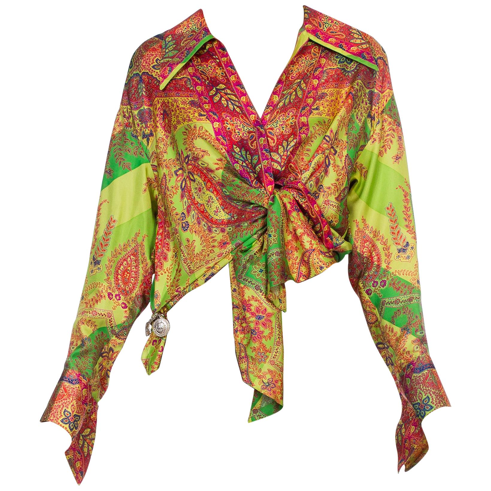 1990S GIANNI VERSACE Paisley Silk Twill Blouse From The Punk Medusa Safety Pin