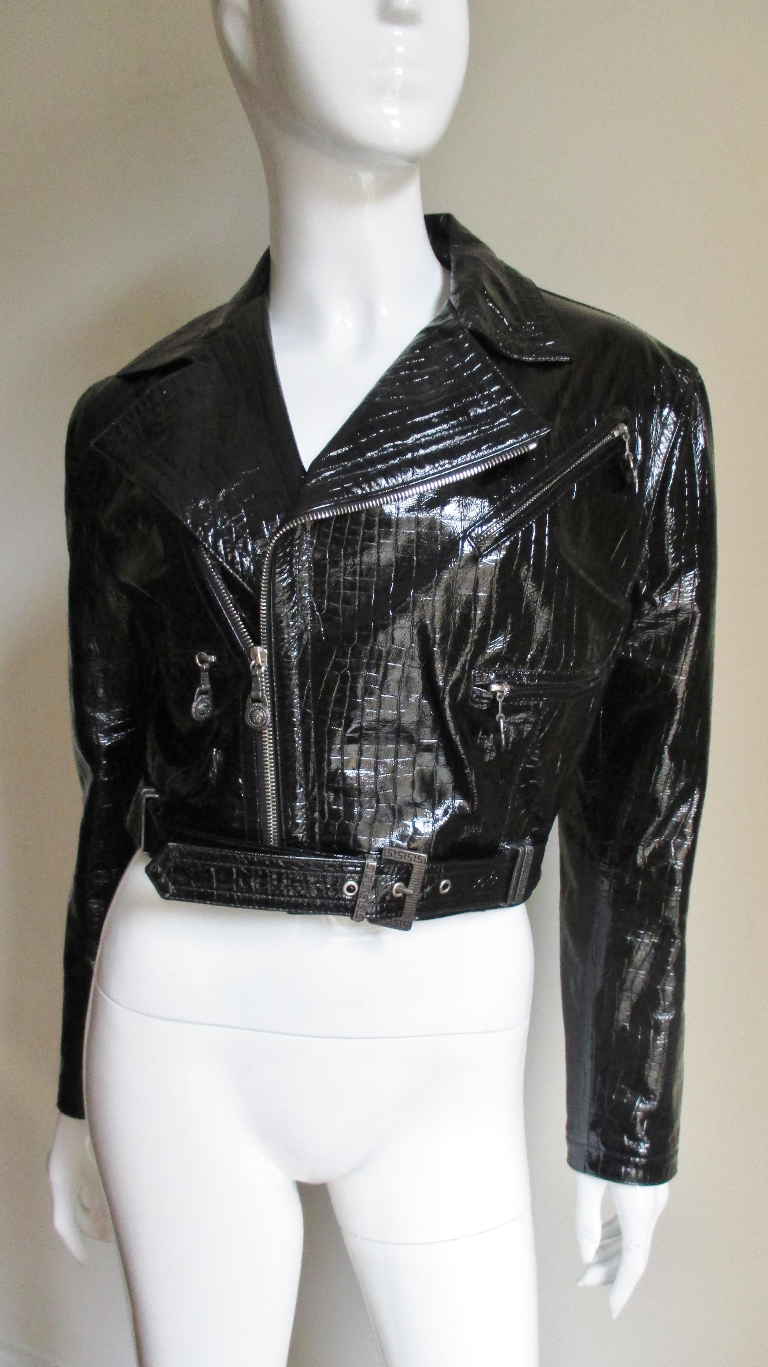 1990s Gianni Versace Patent Leather Motorcycle Jacket and Skirt In Good Condition In Water Mill, NY