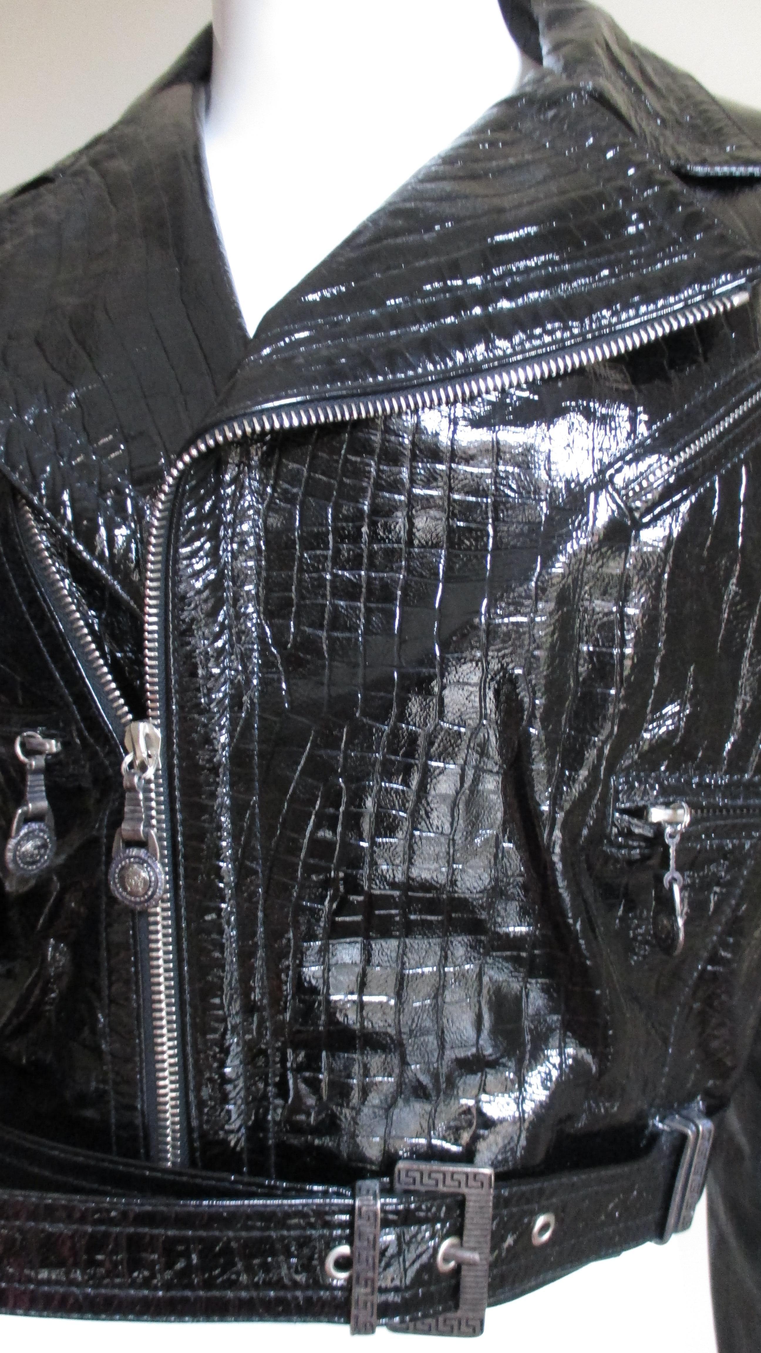 1990s Gianni Versace Patent Leather Motorcycle Jacket and Skirt 1