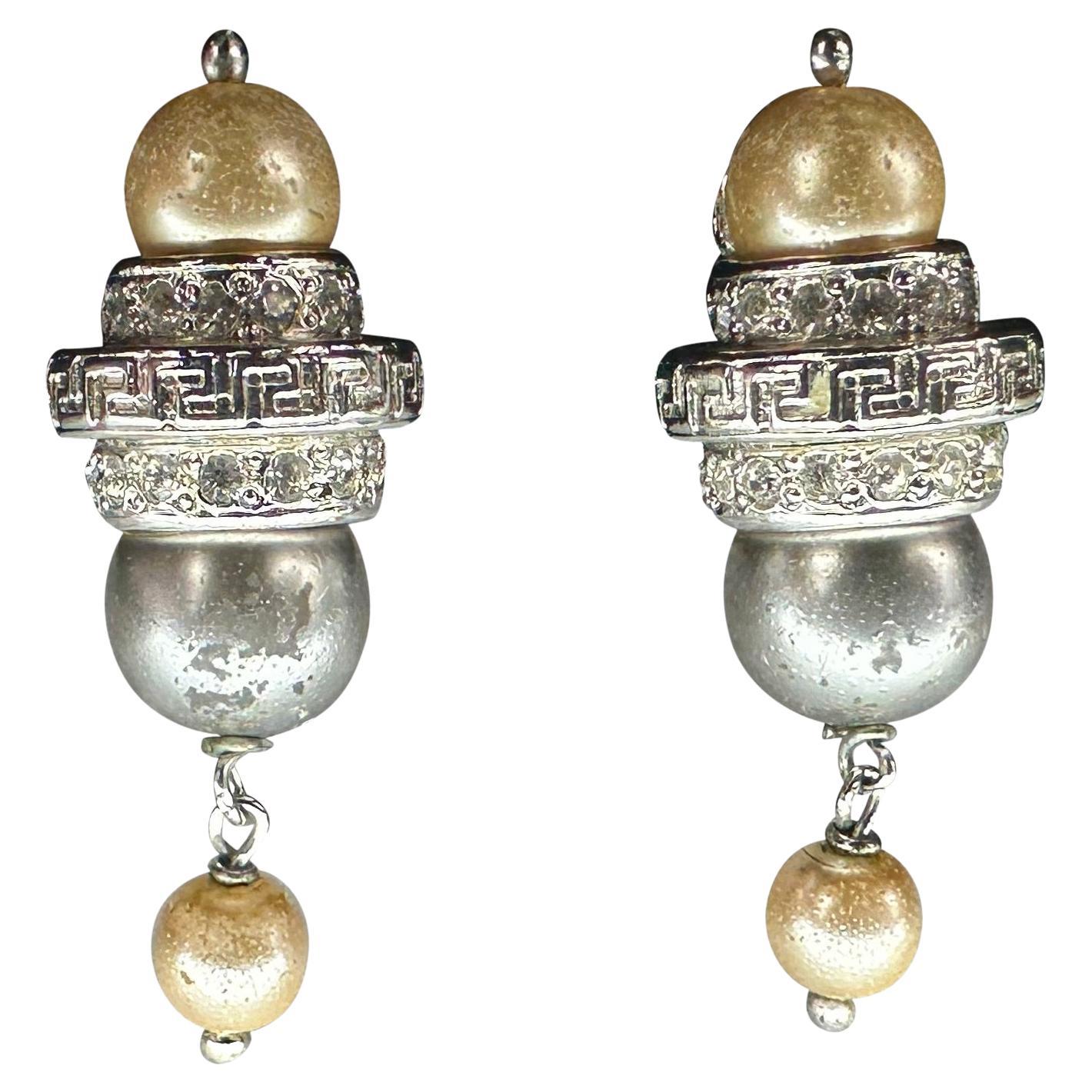 1990s Gianni Versace Pearl and Rhinestone Costume Clip On Earrings For Sale