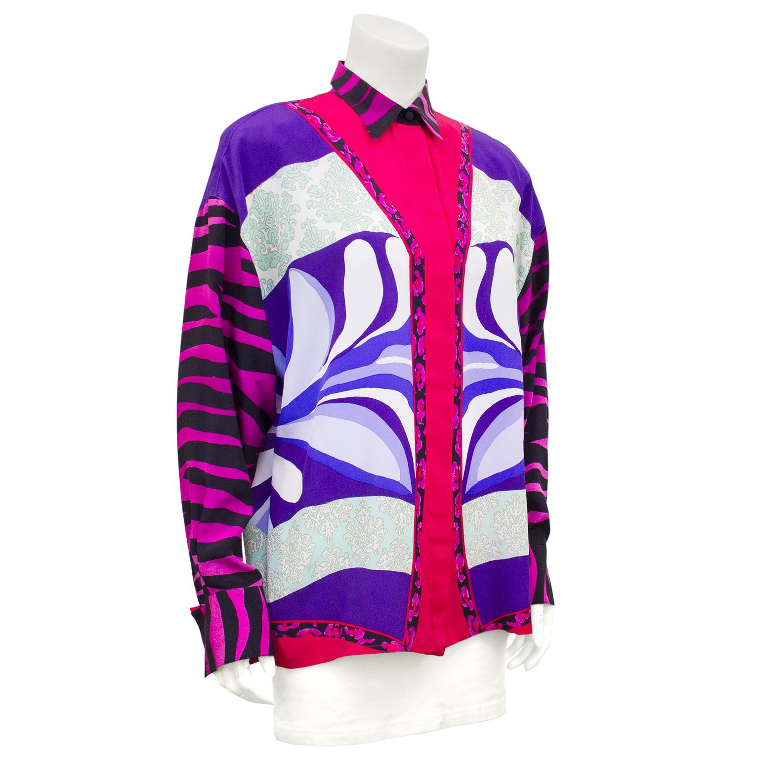 Bold mixed print and colour block Gianni Versace silk shirt from the early 1990s. Hot pink and black zebra print sleeves and collar with French cuffs. Body features thick vertical stripes of solid purple, white and mint green damask print and an