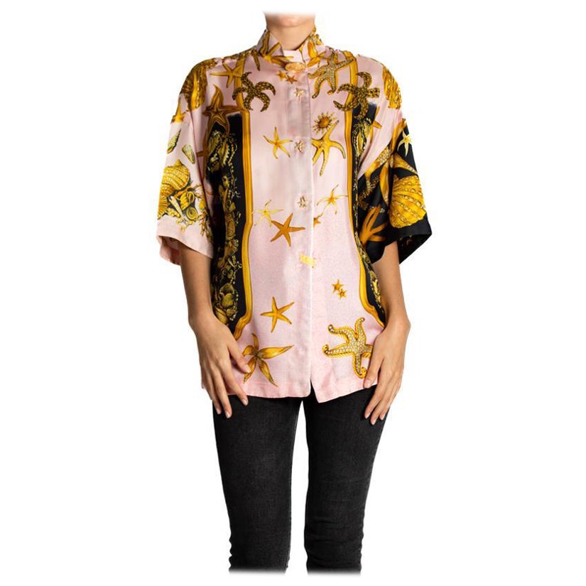1990S GIANNI VERSACE Pink Multicolored Silk Twill Sea Shell Print Shirt