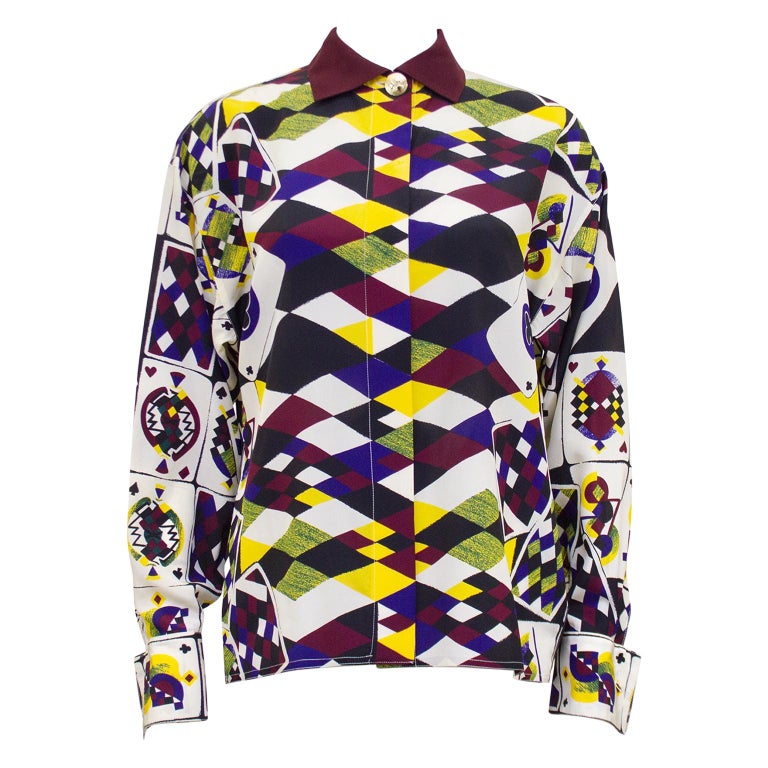 1990s Gianni Versace Playing Card Print Silk Shirt For Sale at 1stDibs