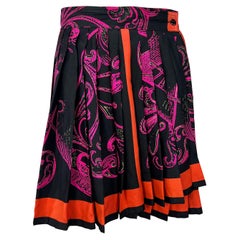 1990s Gianni Versace Pleated Silk Black Pink Baroque Print Flare Wrap Skirt