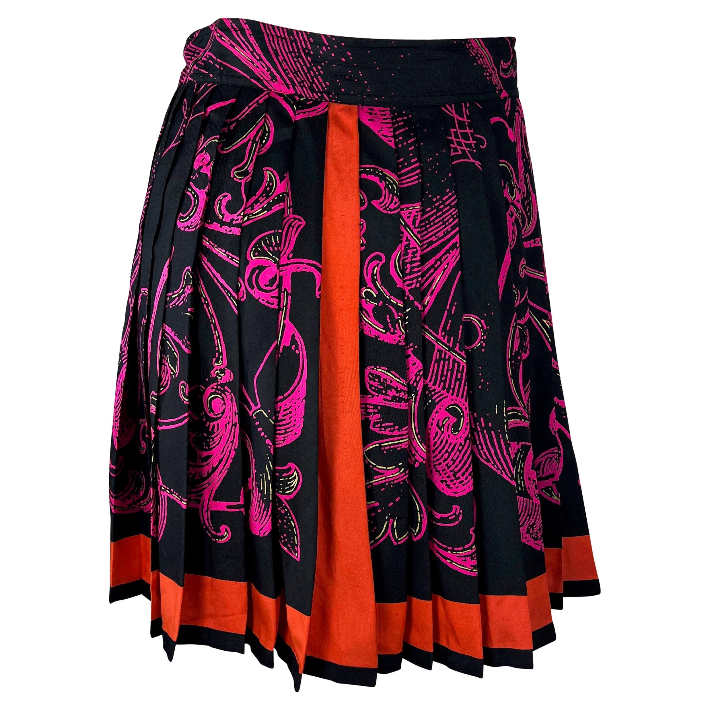 1990s Gianni Versace Pleated Silk Black Pink Baroque Print Flare Wrap Skirt In Good Condition For Sale In West Hollywood, CA