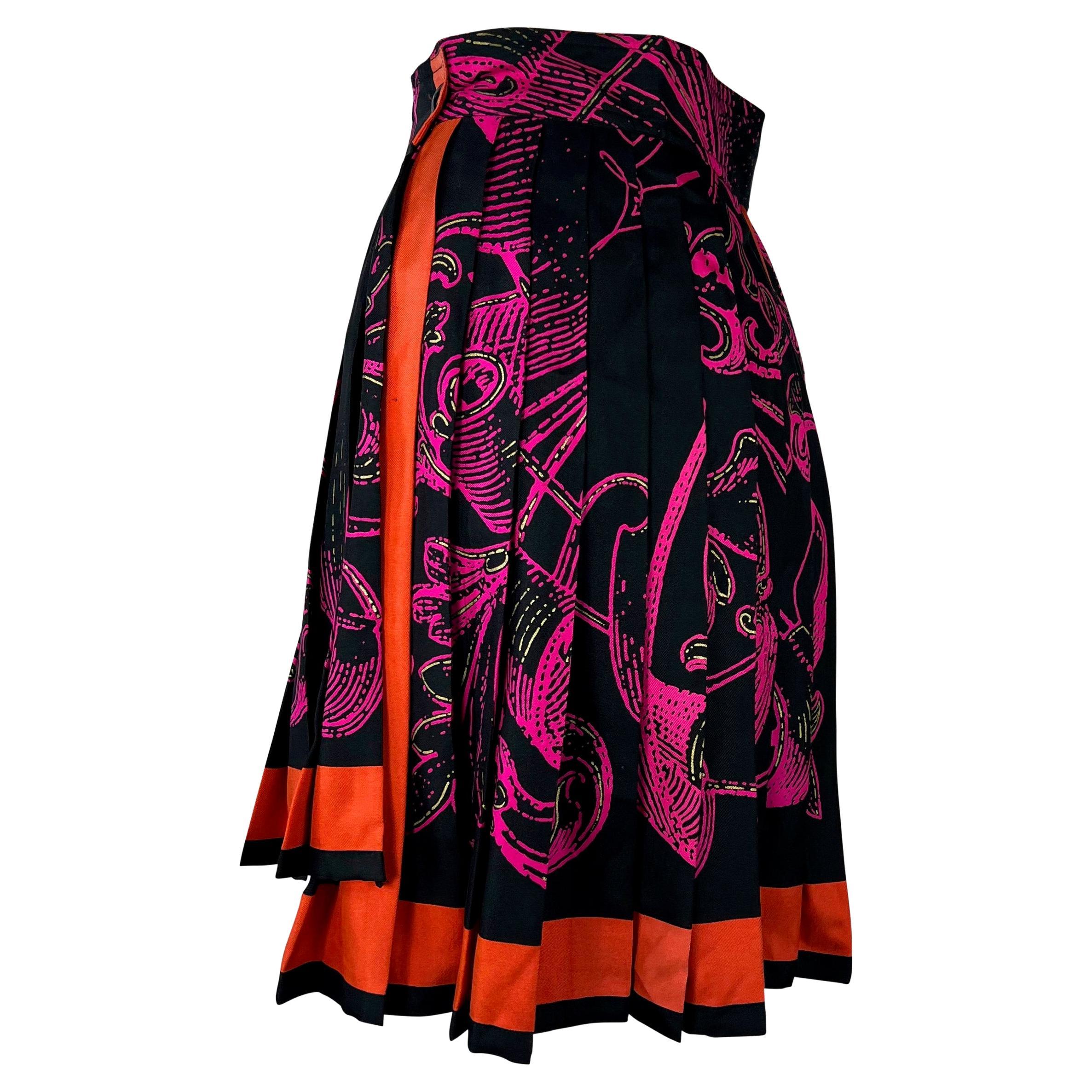 Women's 1990s Gianni Versace Pleated Silk Black Pink Baroque Print Flare Wrap Skirt For Sale