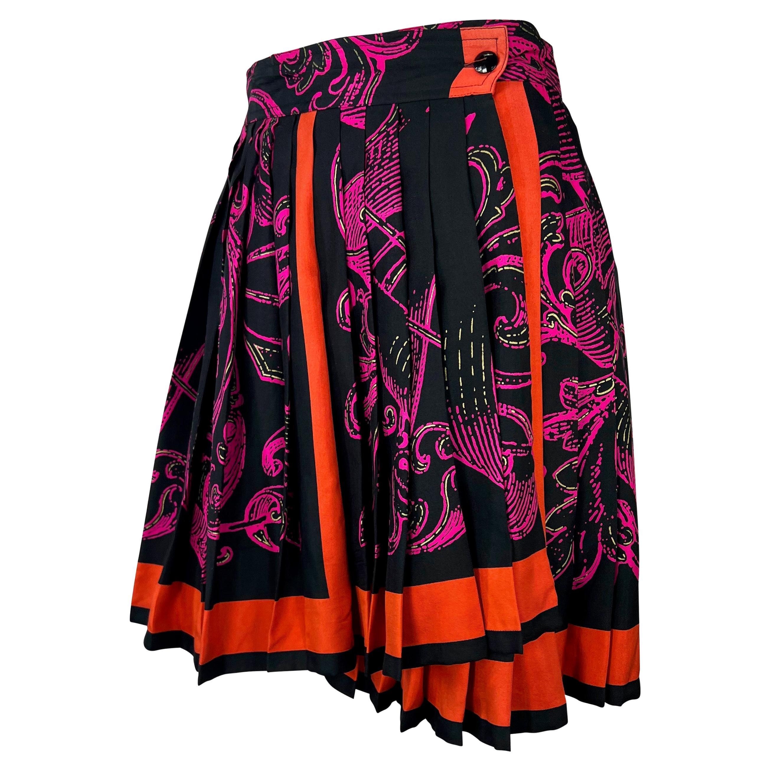 1990s Gianni Versace Pleated Silk Black Pink Baroque Print Flare Wrap Skirt For Sale