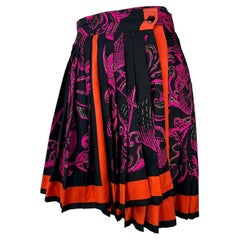 1990s Gianni Versace Pleated Silk Black Pink Baroque Print Flare Wrap Skirt