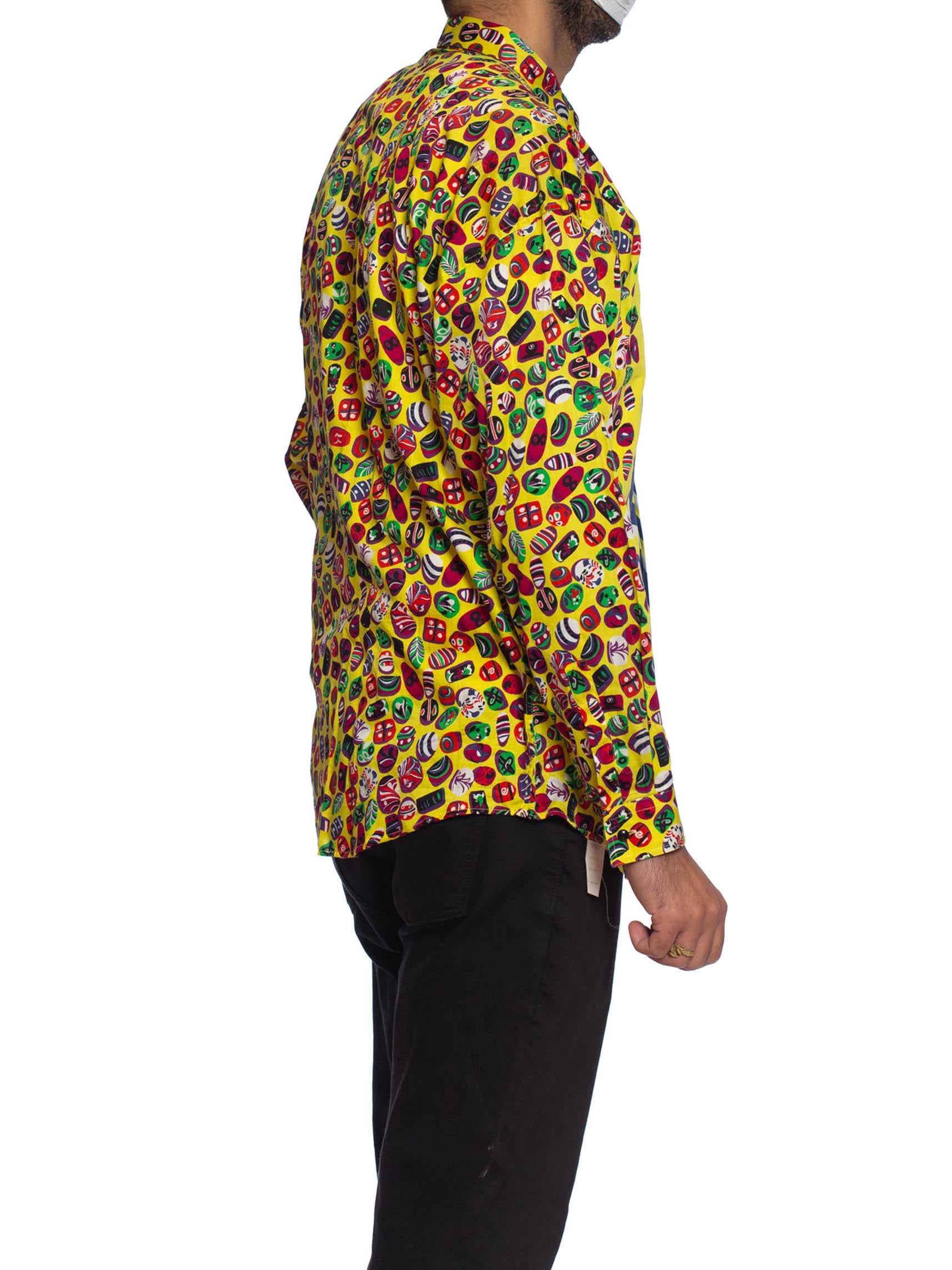 Yellow 1990S GIANNI VERSACE Printed Cotton Lawn Men's Shirt With Japanese Inspired Prin For Sale