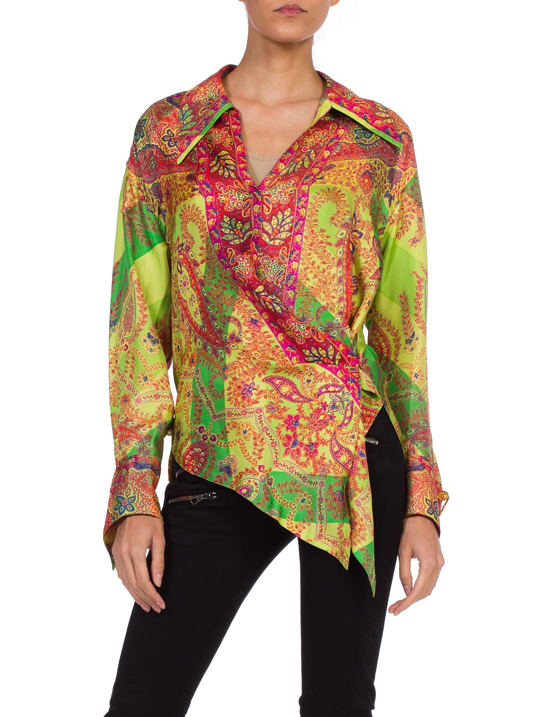 Brown 1990S GIANNI VERSACE Paisley Silk Twill Blouse From The Punk Medusa Safety Pin 