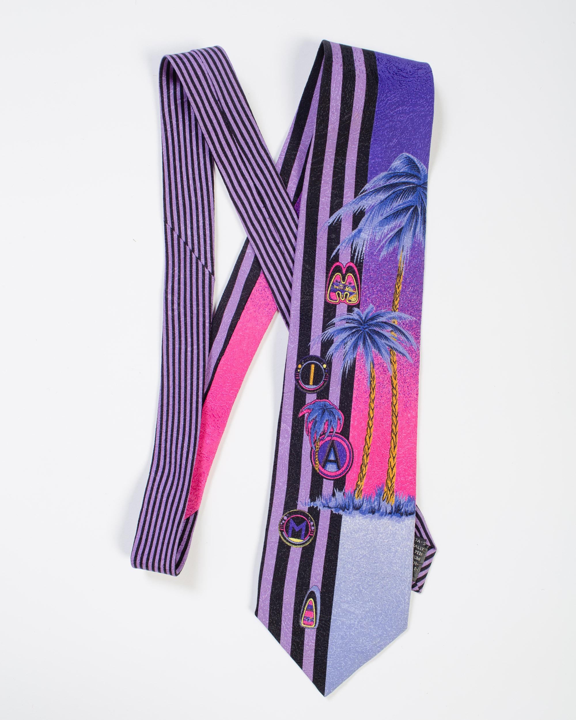 1990s Gianni Versace Purple Miami Tie With Palm Trees 1