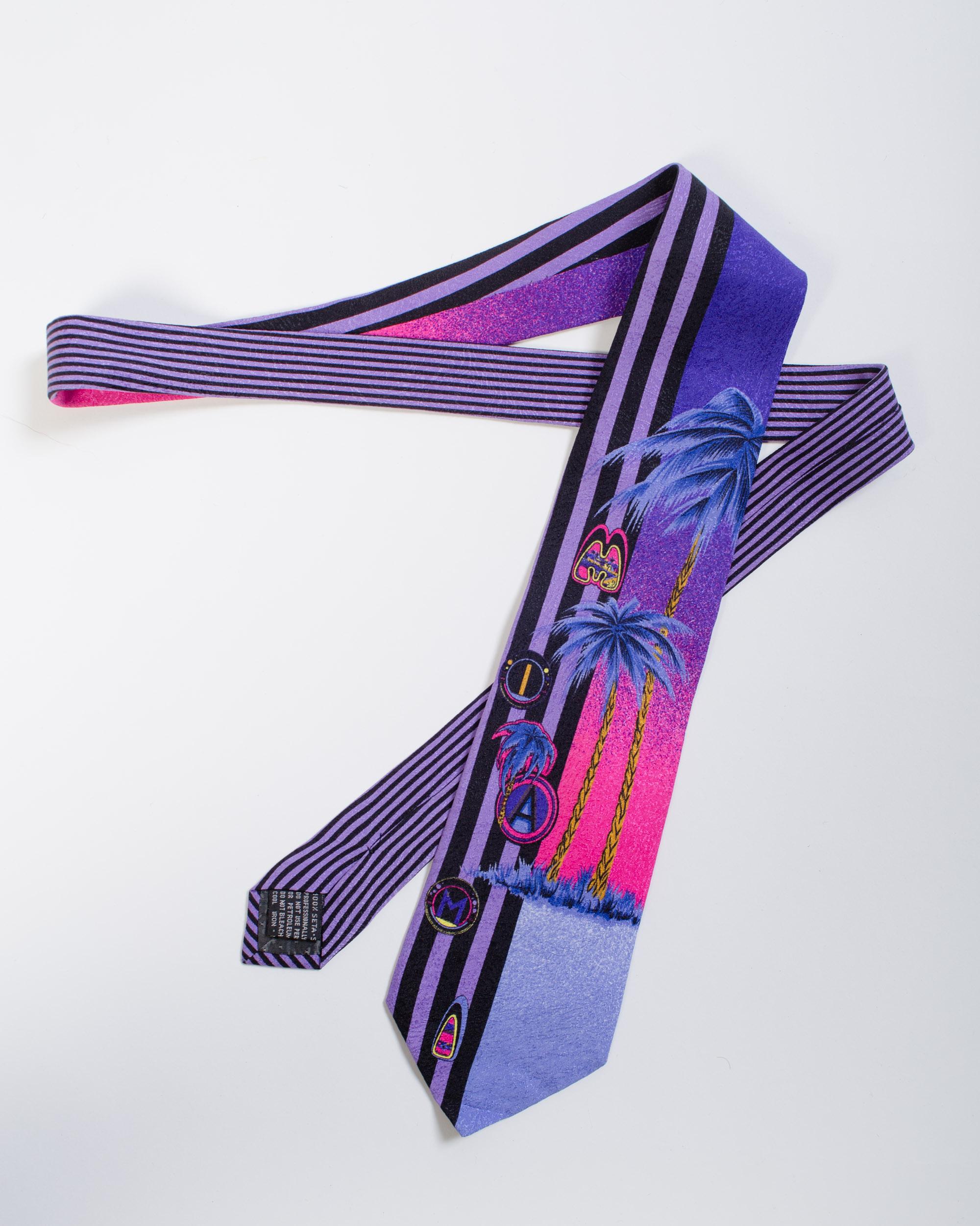 1990s Gianni Versace Purple Miami Tie With Palm Trees 2