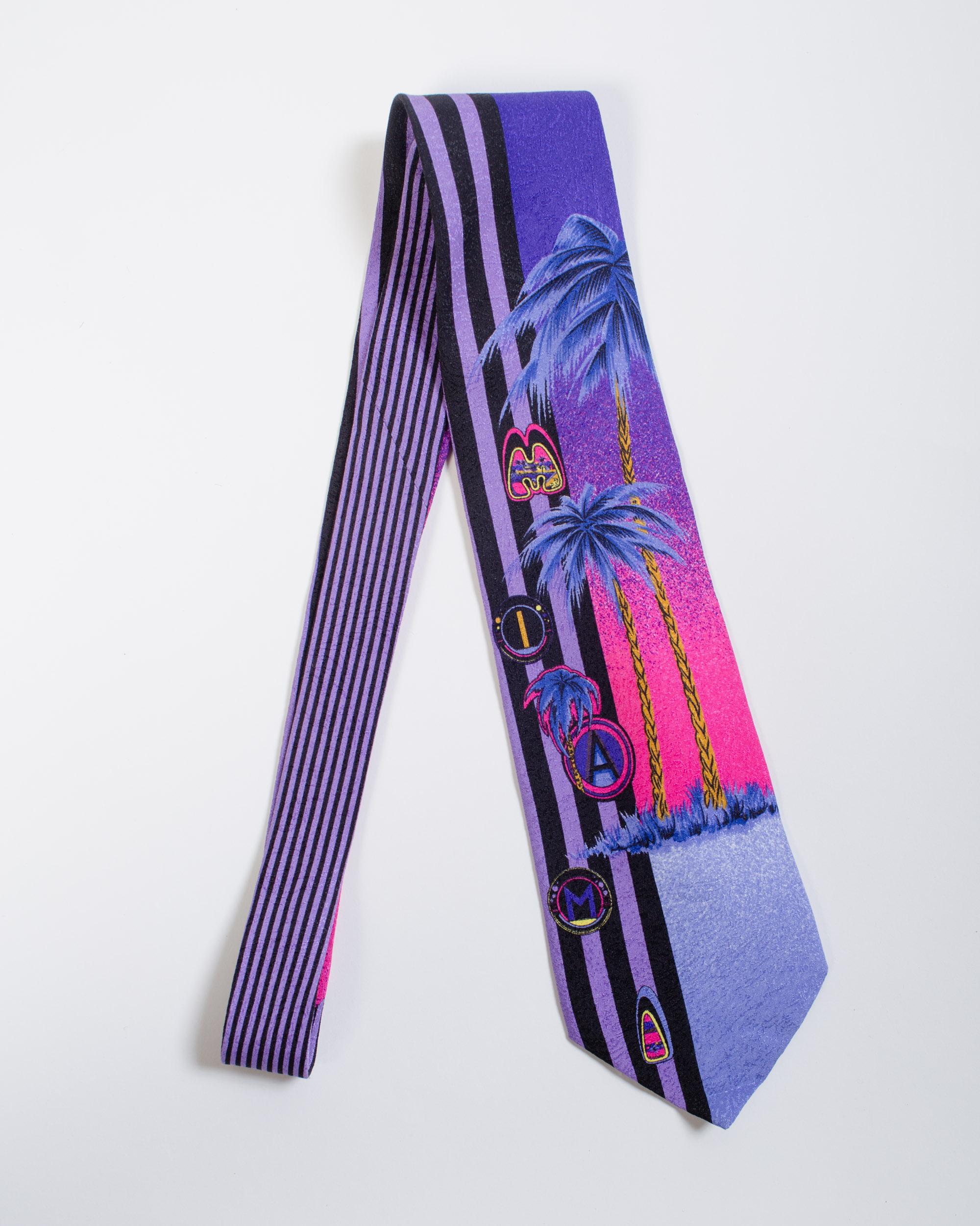 1990s Gianni Versace Purple Miami Tie With Palm Trees 3