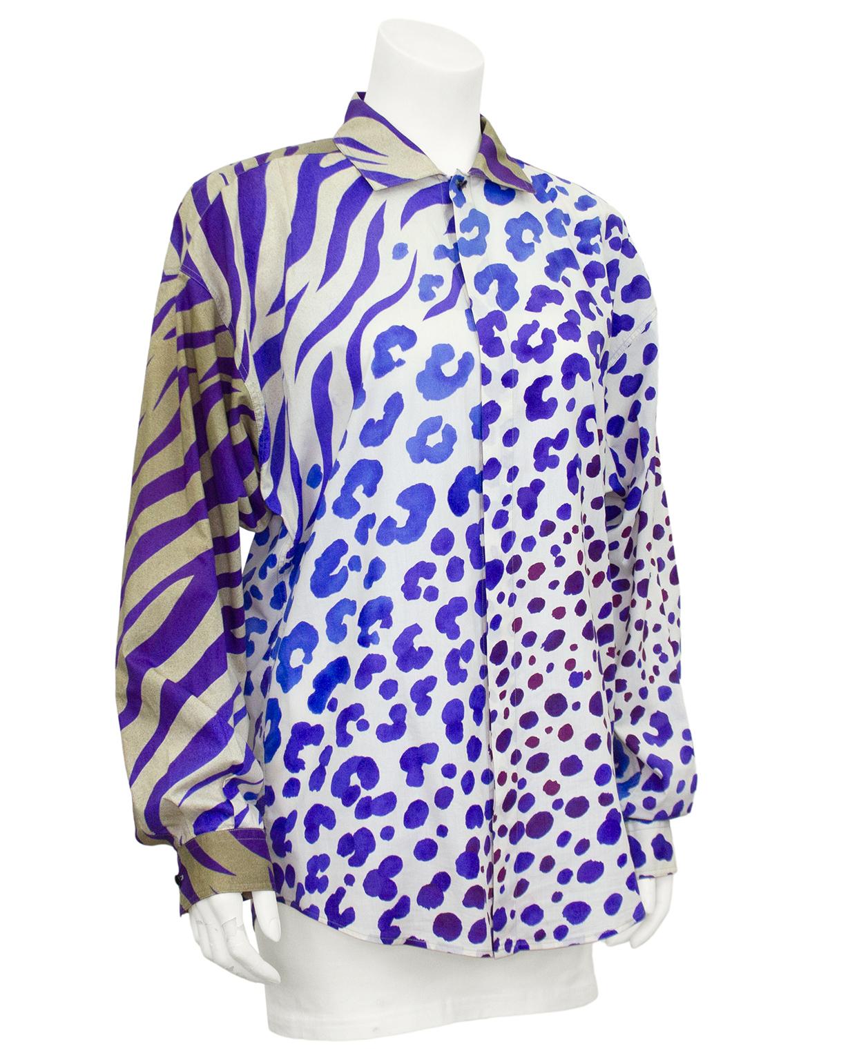 Classically fabulous and over the top Gianni Versace cotton shirt from the early 1990s. Mix of tan and purple zebra print with cream and purple leopard print. Easy washable and breathable cotton. Cut like a mens dress shirt. Excellent vintage