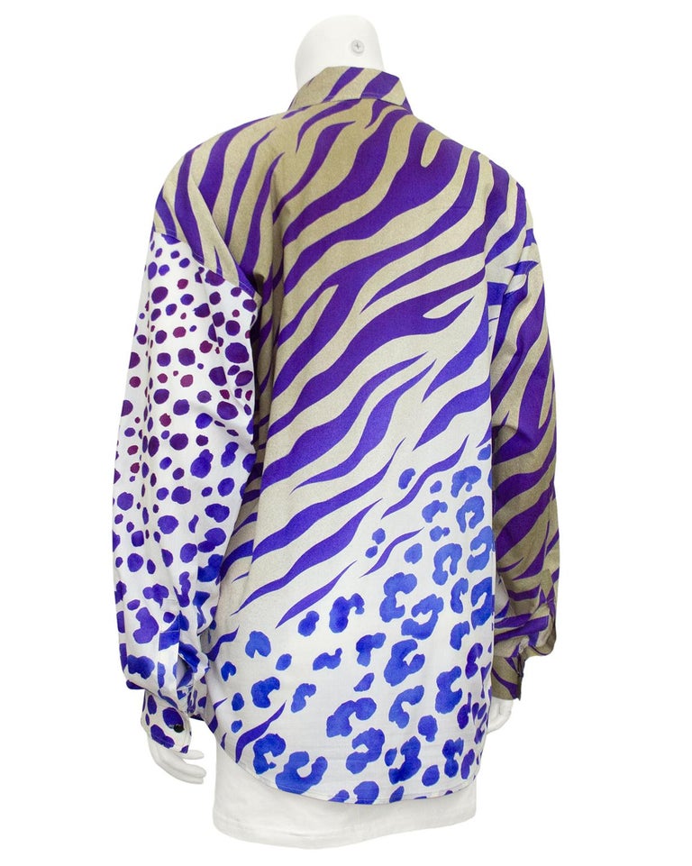 Gray 1990s Gianni Versace Purple Zebra and Leopard Print Shirt  For Sale