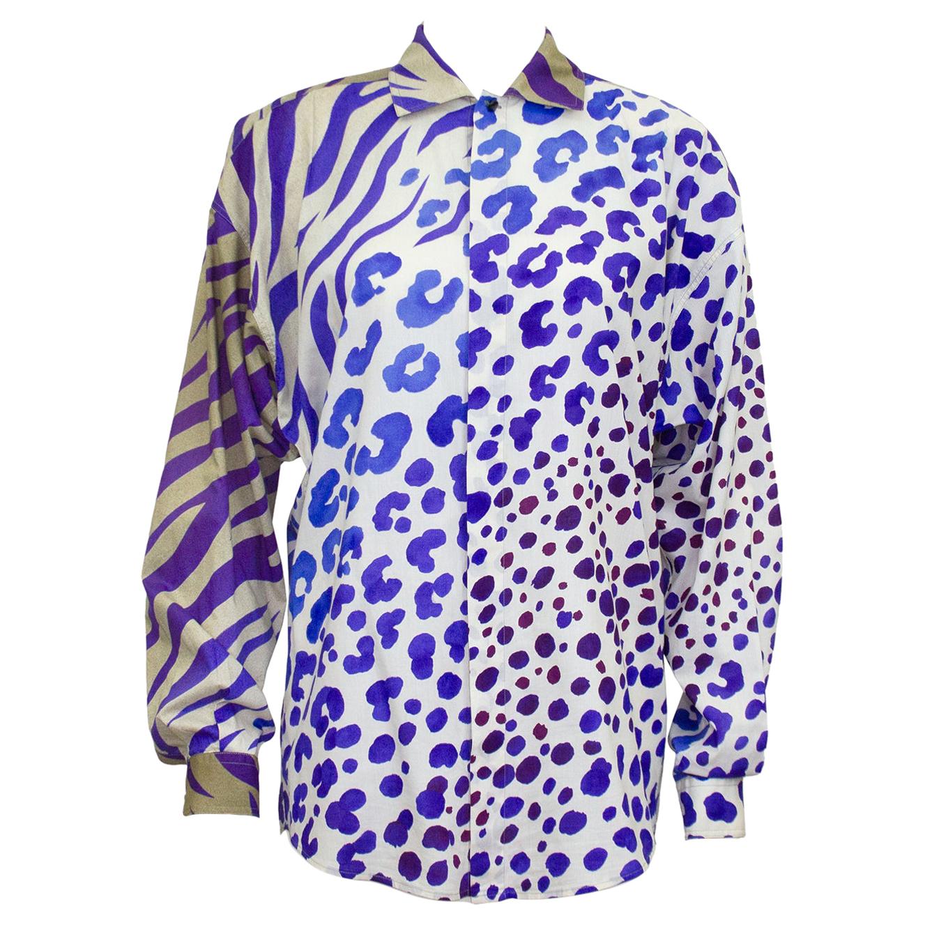 1990s Gianni Versace Purple Zebra and Leopard Print Shirt 