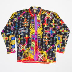 1990S GIANNI VERSACE Rainbow Silk Twill Men's Iconic Baroque Cross Print Shirt