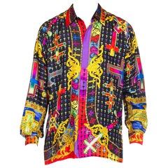 1990S GIANNI VERSACE Regenbogen Seide Twill Herren Iconic Barock Kreuz Druck Shirt