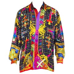 Retro 1990S GIANNI VERSACE Rainbow Silk Twill Men's Iconic Baroque Cross Print Shirt