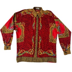 1990s Gianni Versace Red & Gold Silk Twill Baroque Leopard Shirt