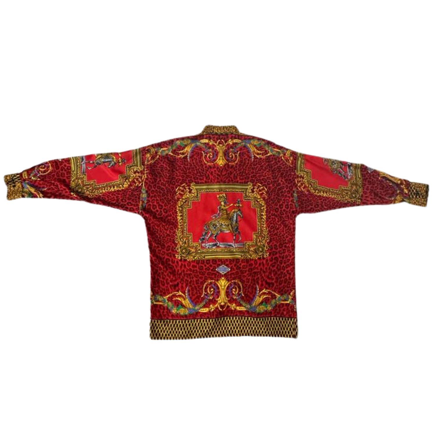 Women's or Men's 1990s Gianni Versace Red & Gold Silk Twill Baroque Leopard Shirt For Sale