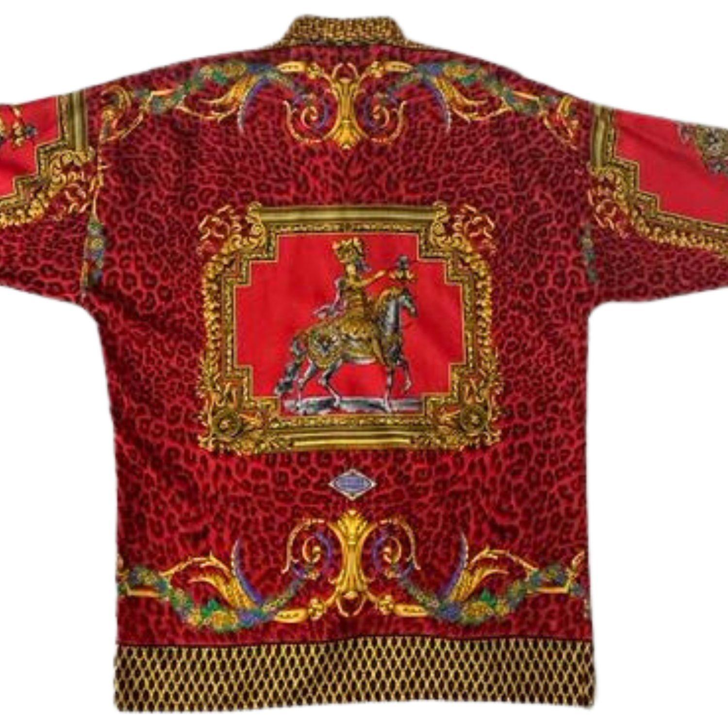 1990s Gianni Versace Red & Gold Silk Twill Baroque Leopard Shirt For Sale 1