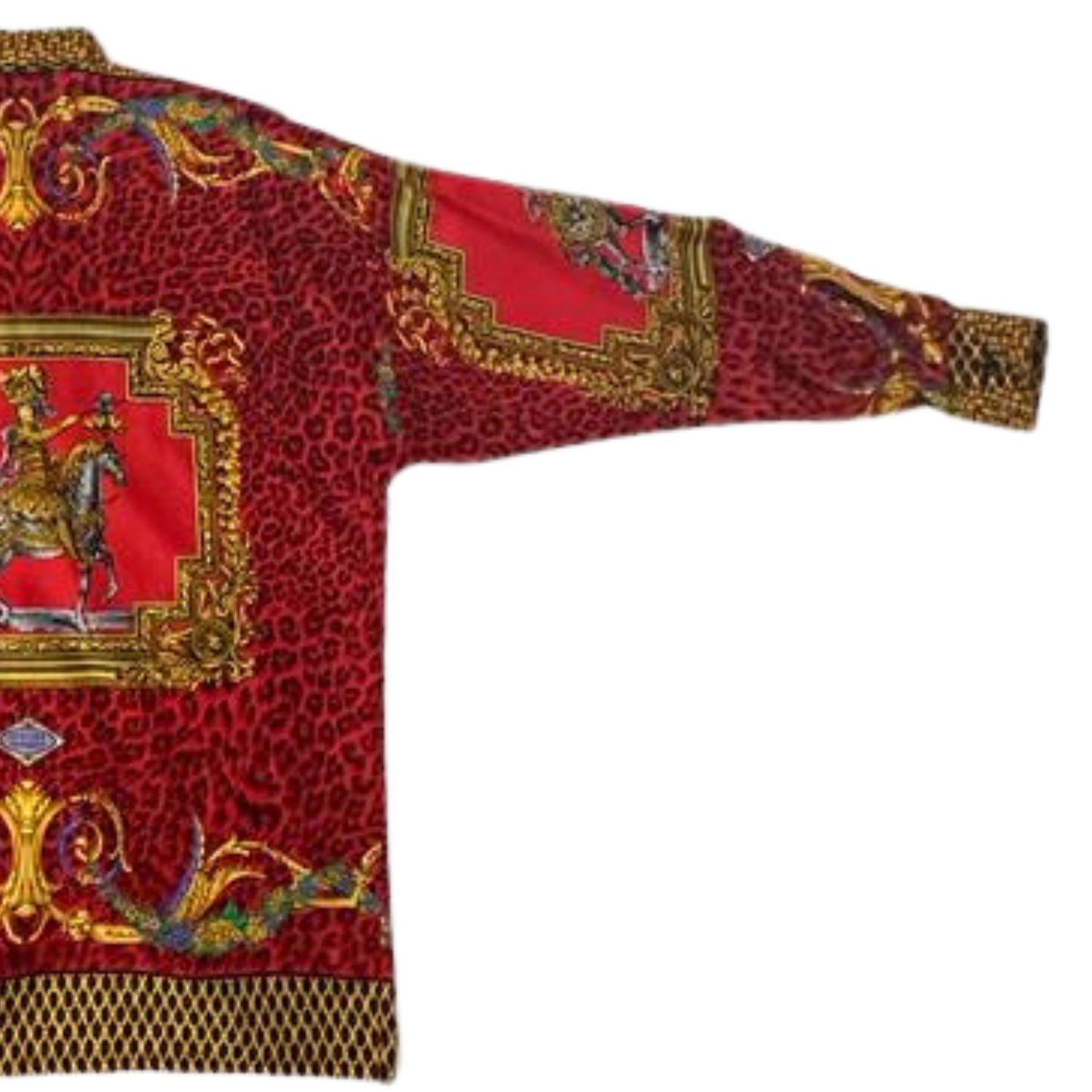 1990s Gianni Versace Red & Gold Silk Twill Baroque Leopard Shirt For Sale 2
