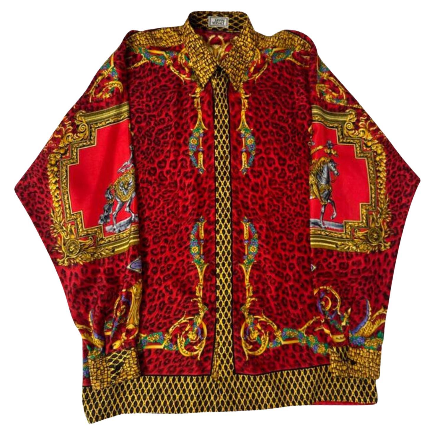1990s Gianni Versace Red & Gold Silk Twill Baroque Leopard Shirt For Sale