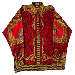 1990er Gianni Versace Rotes & goldenes Seiden-Twill-Barockhemd mit Leopardenmuster