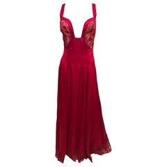 1990s Gianni Versace Red Lace Insert Silk Gown