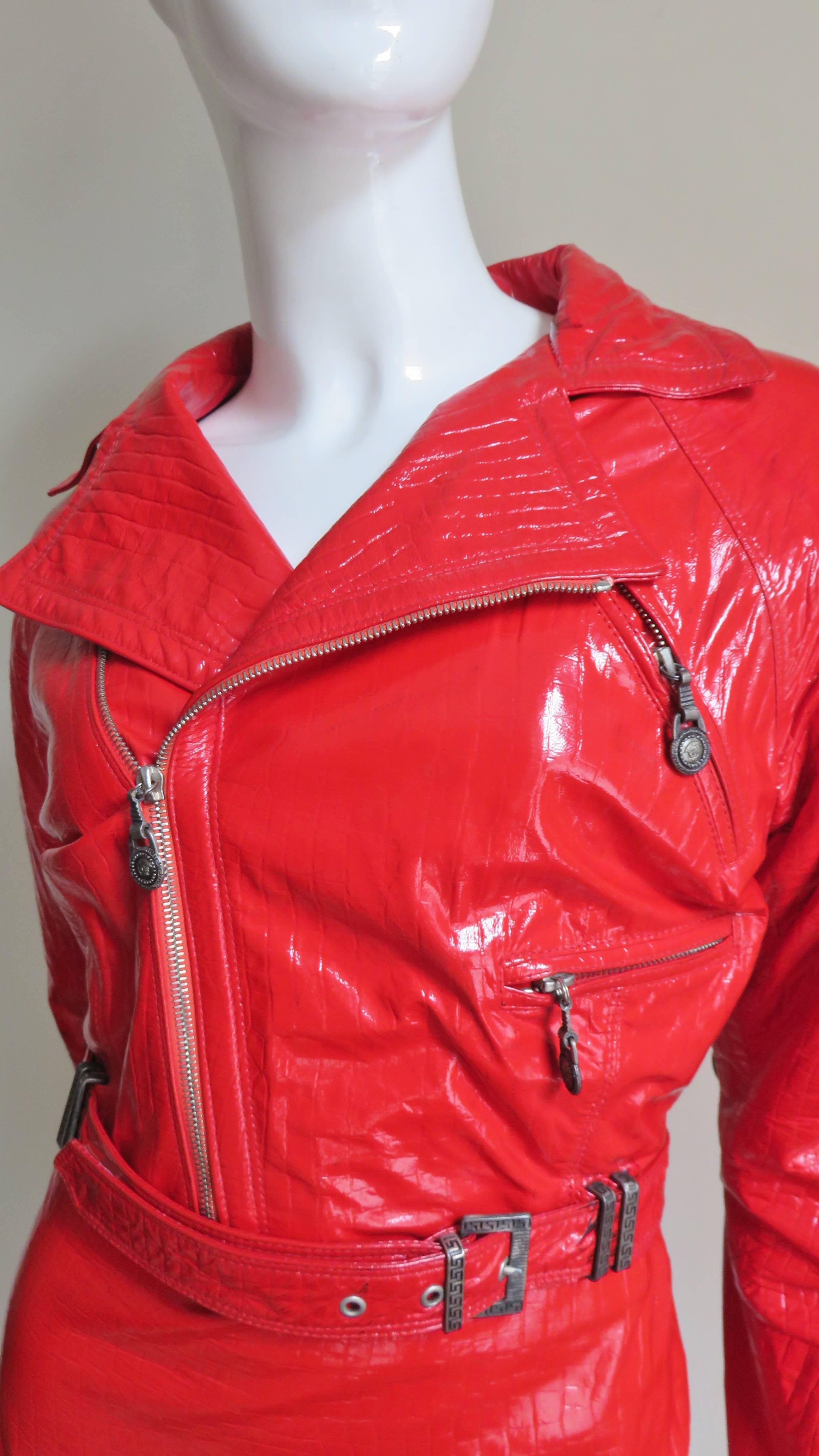 Gianni Versace Red Leather Motorcycle Jacket and Skirt A/W 1994 For ...