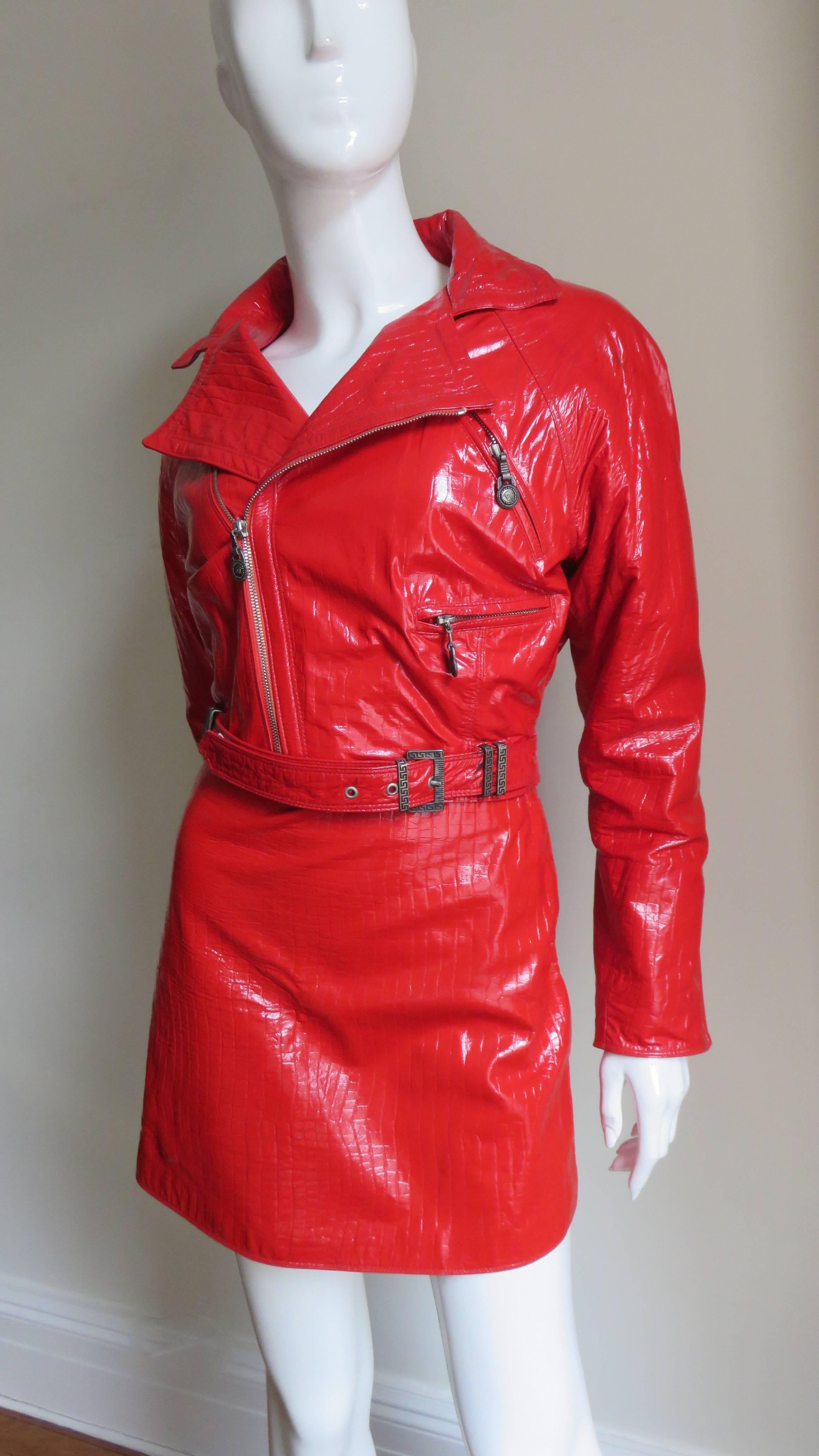 Women's Gianni Versace Red Leather Motorcycle Jacket and Skirt A/W 1994 For Sale
