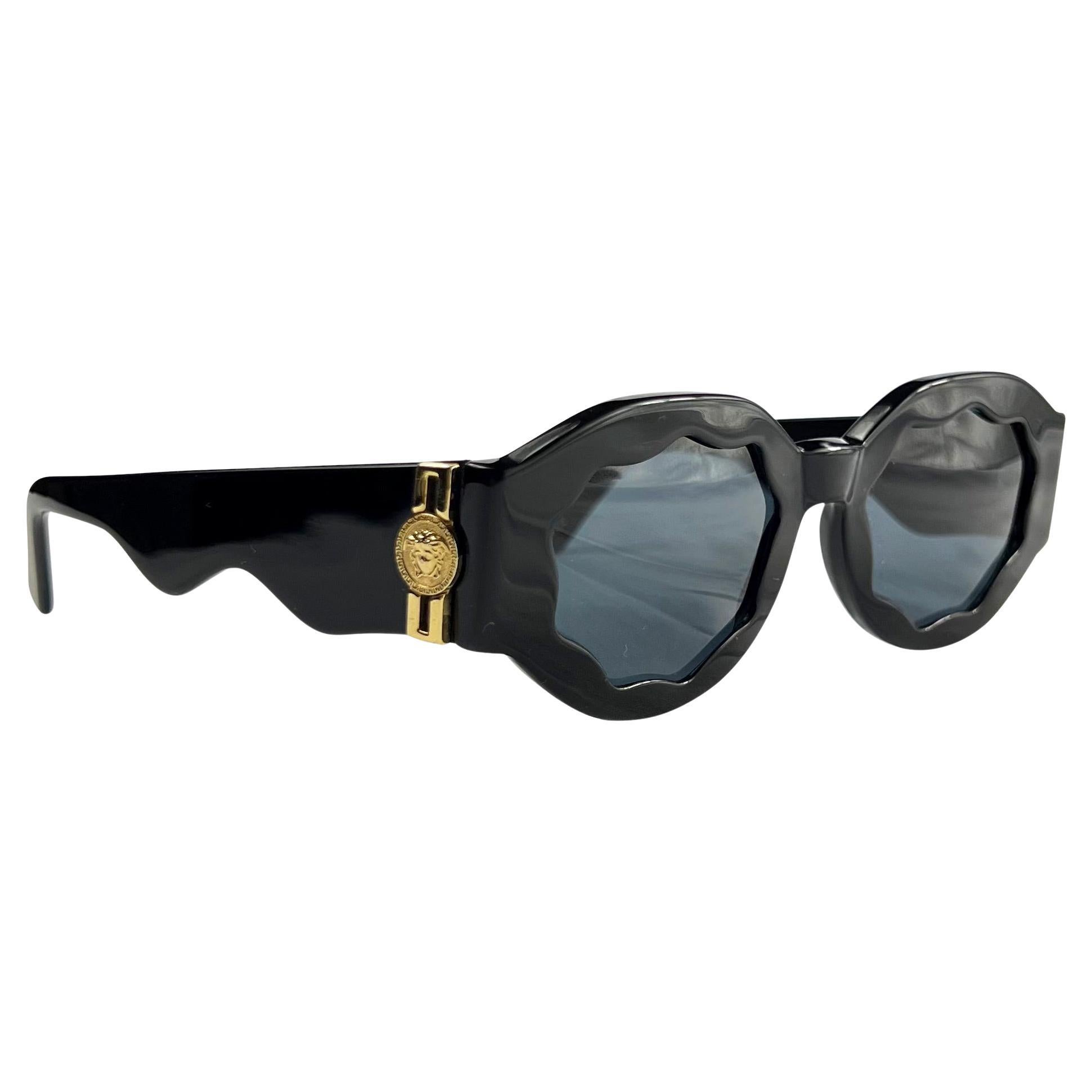 1990s Gianni Versace Scalloped Black Sunglasses with Gold Medusa
