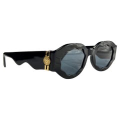 Vintage 1990s Gianni Versace Scalloped Black Sunglasses with Gold Medusa Emblems 