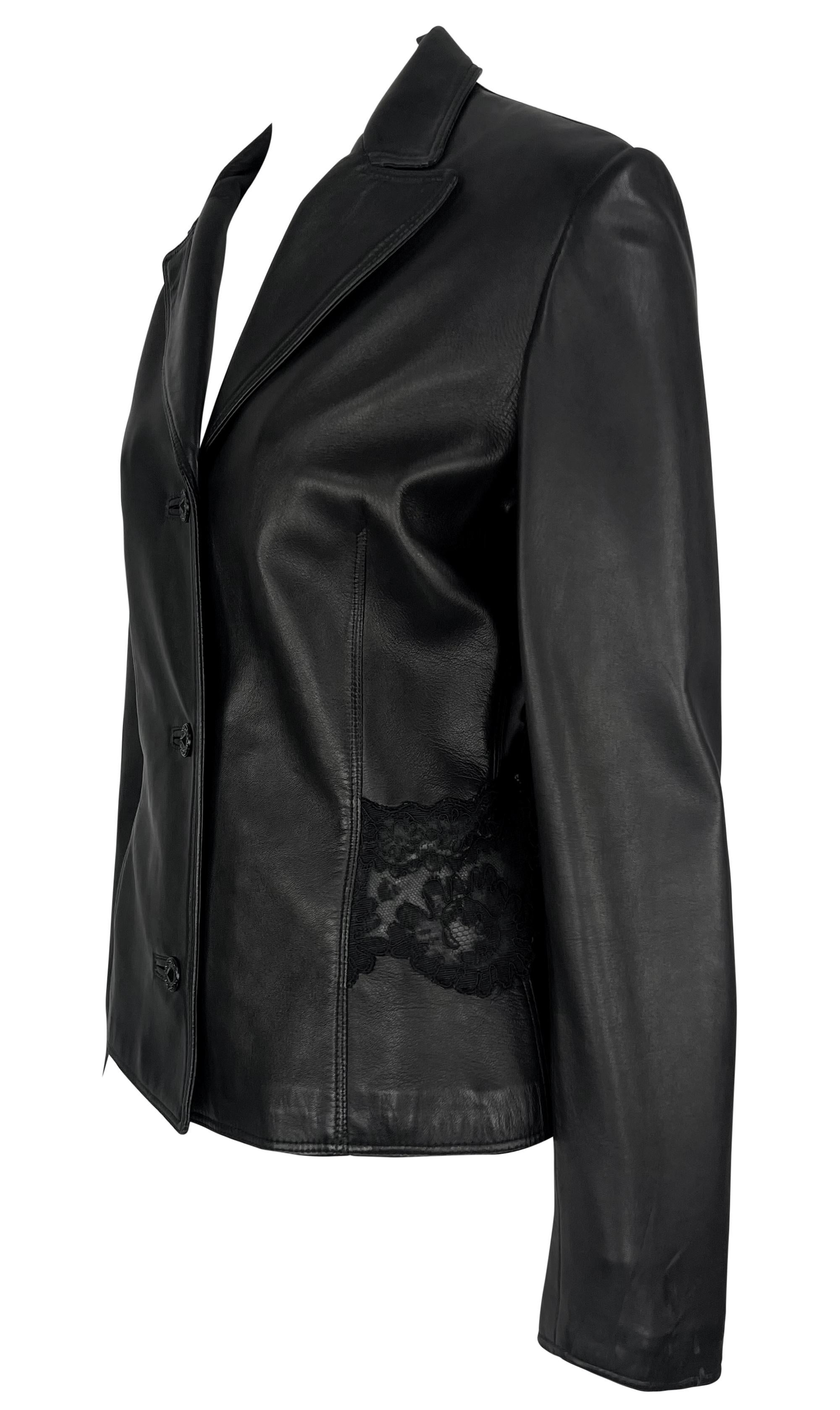 1990s Gianni Versace Sheer Black Lace Panel Leather Blazer Jacket In Excellent Condition For Sale In West Hollywood, CA