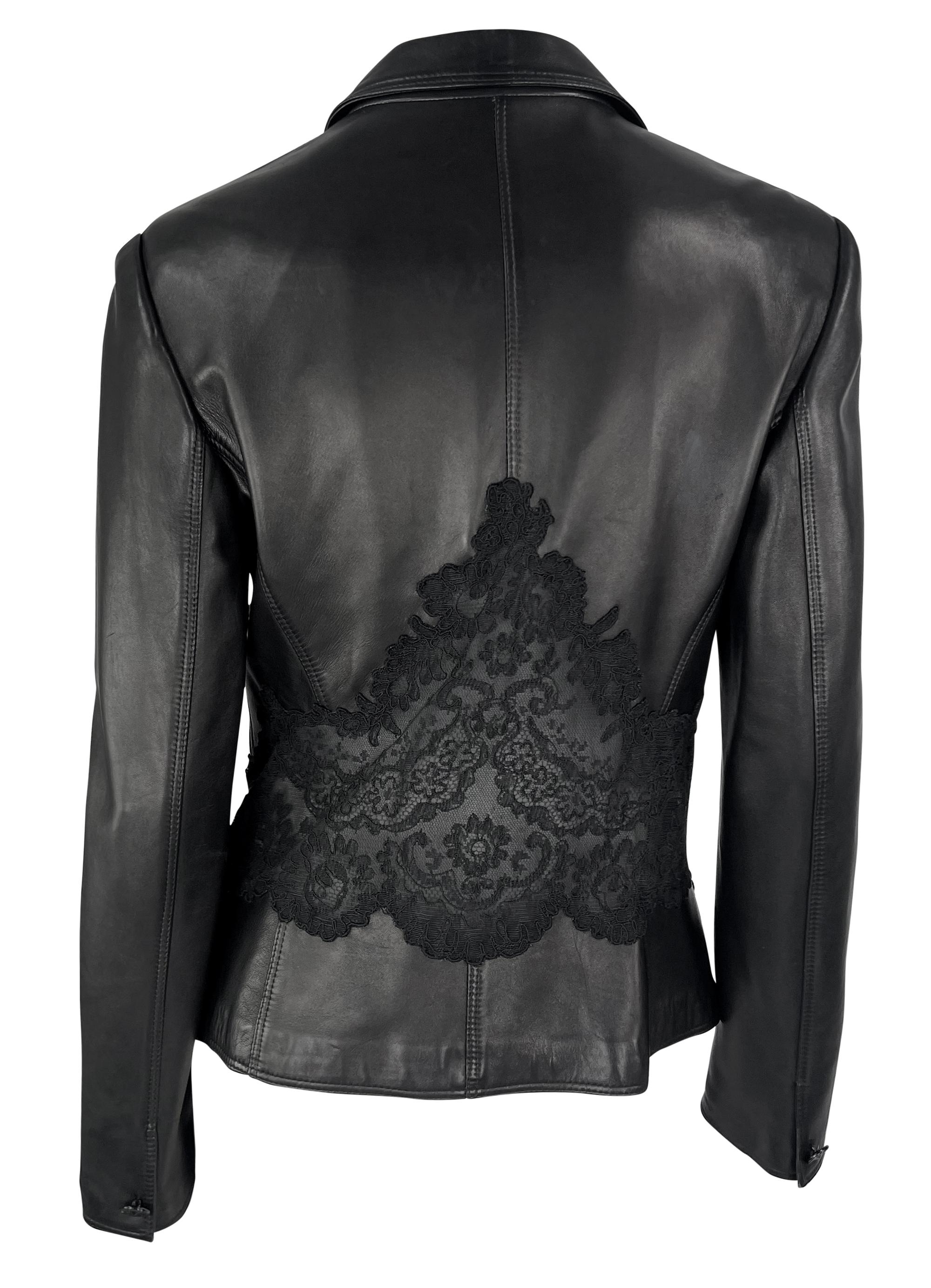 1990s Gianni Versace Sheer Black Lace Panel Leather Blazer Jacket For Sale 1