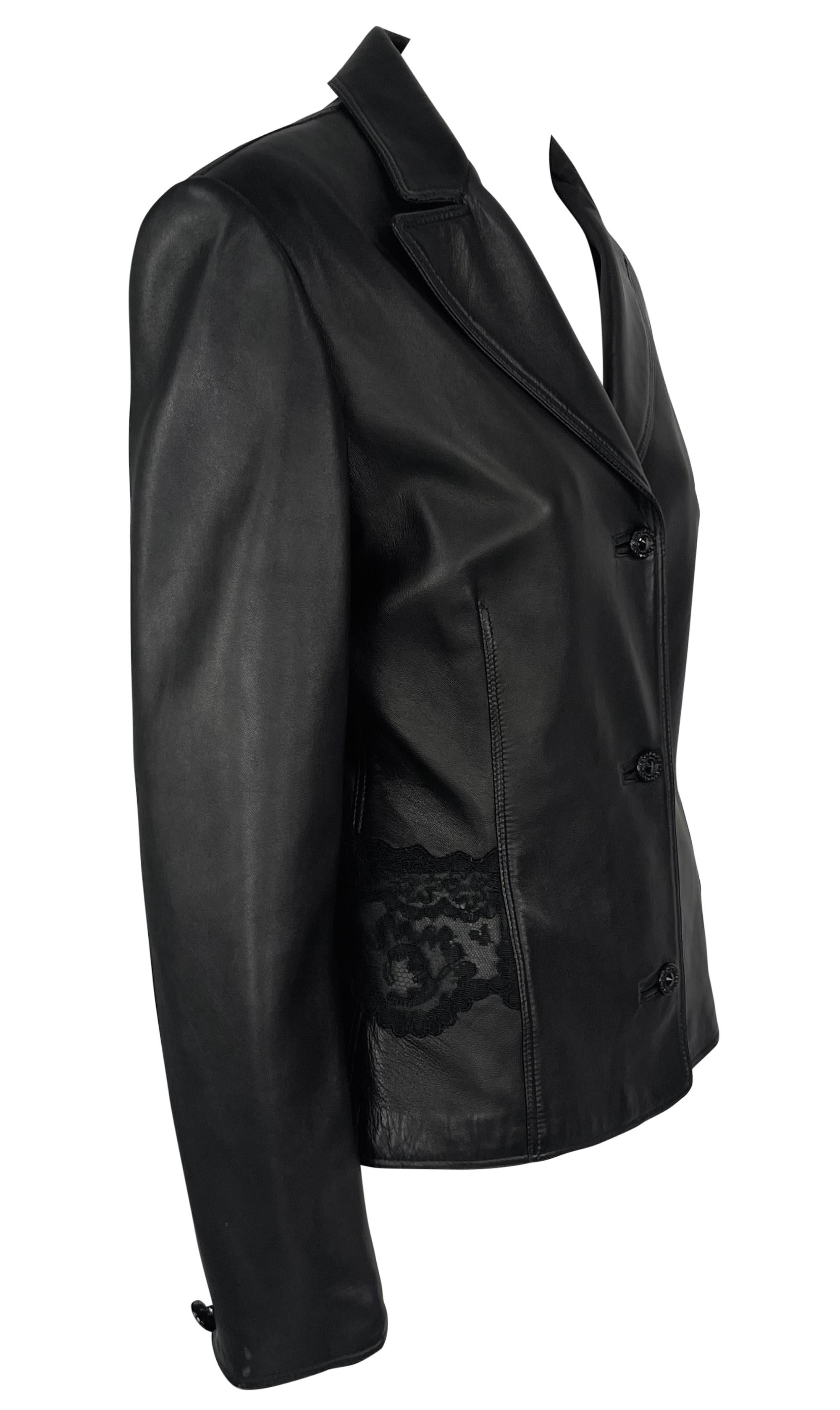 1990s Gianni Versace Sheer Black Lace Panel Leather Blazer Jacket For Sale 2